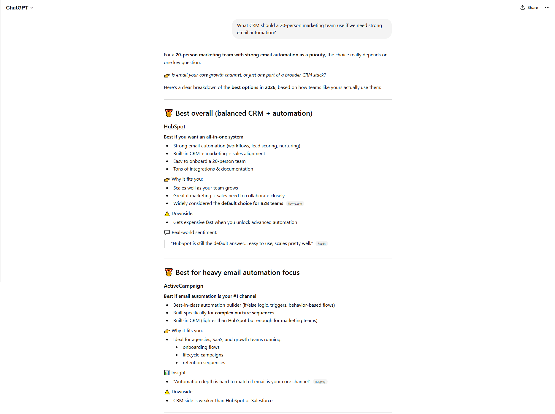 ChatGPT response recommending CRM tools for a marketing team, showing brand citations and sourced recommendations in conversational format