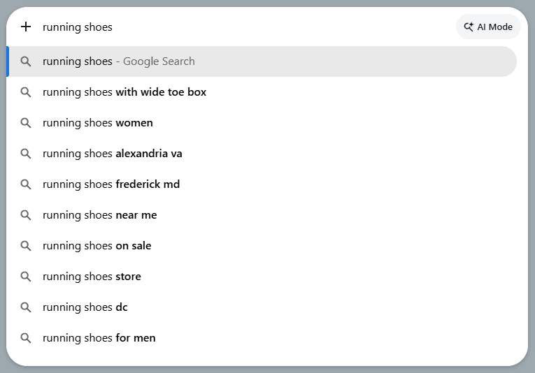 Google Autocomplete suggestions for running shoes showing long-tail keyword ideas like wide toe box, near me, and on sale