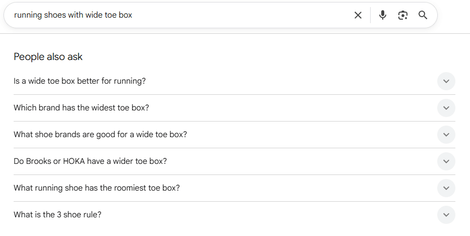 Google People Also Ask results for running shoes with wide toe box showing questions about toe box fit, brands, and roomy running shoes