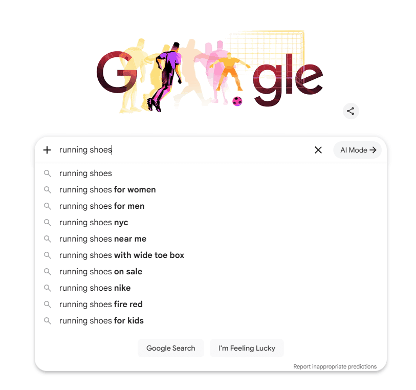 Google Autocomplete suggestions for running shoes showing long-tail keyword variations like for women, men, and near me