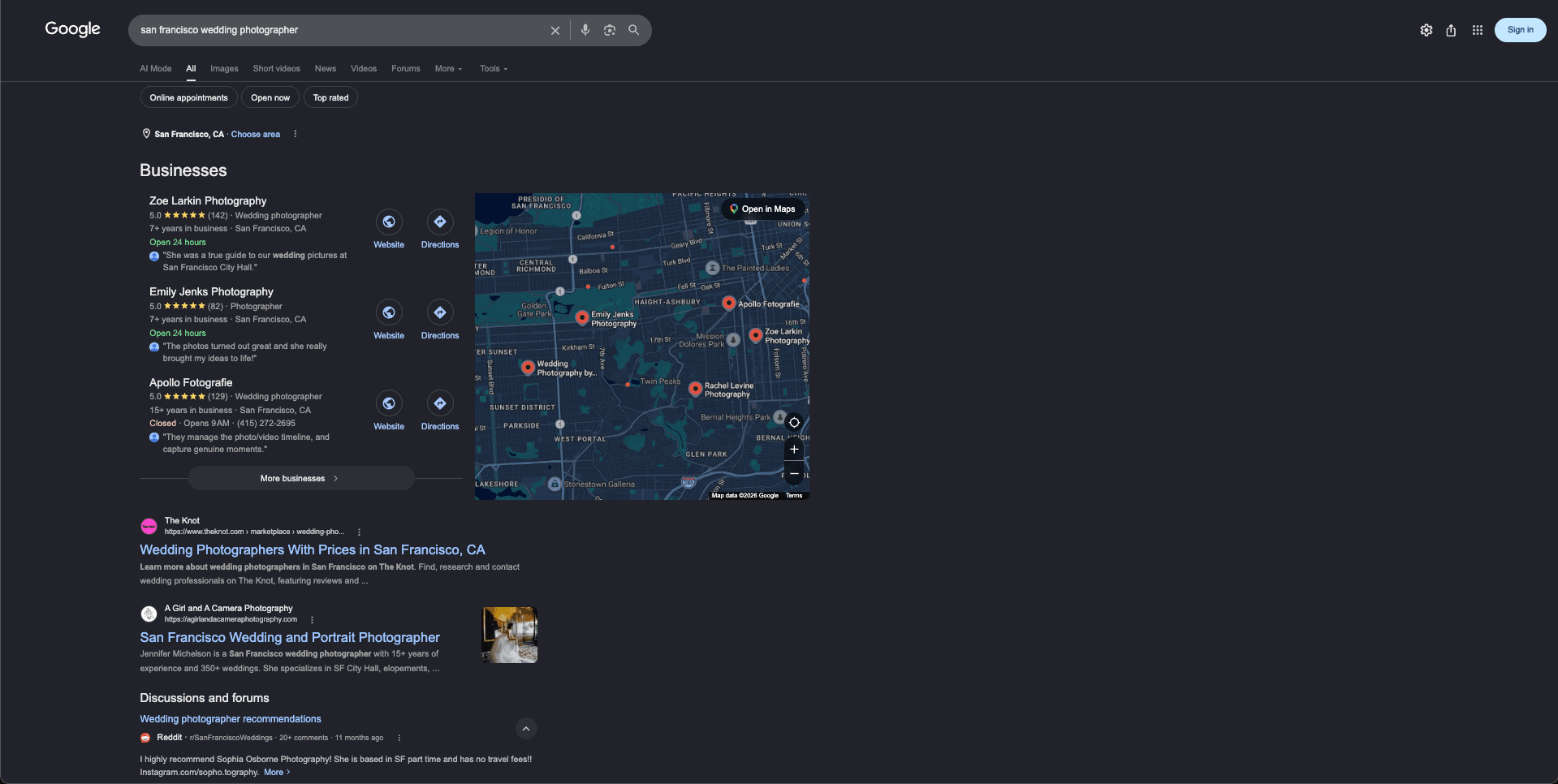Google search results for san francisco wedding photographer showing the Businesses map pack, The Knot marketplace page, a photographer website, and a Reddit discussions section